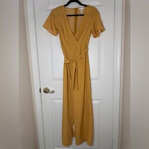 Leith yellow polka dot tie front jumpsuit with matching belt, size XS